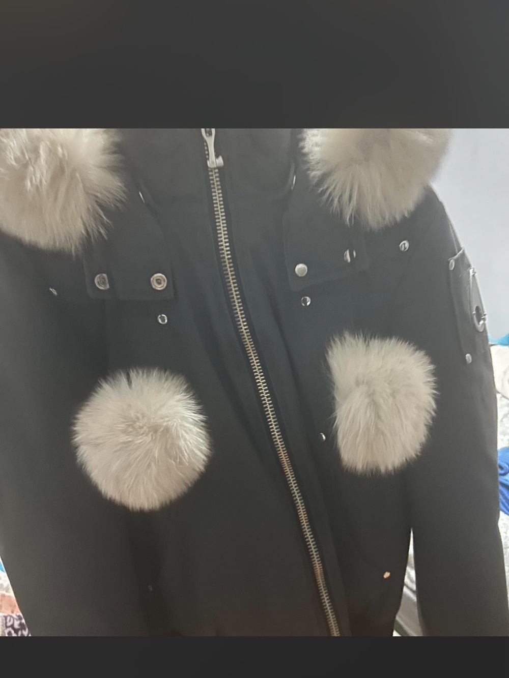 Moose Knuckles Black Puffer Jacket with Ivory Fur Accents